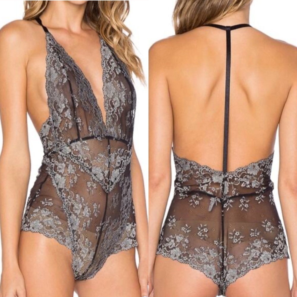 NEW Free People Too Cute To Handle Lace Bodysuit Charcoal Gray Black Women's